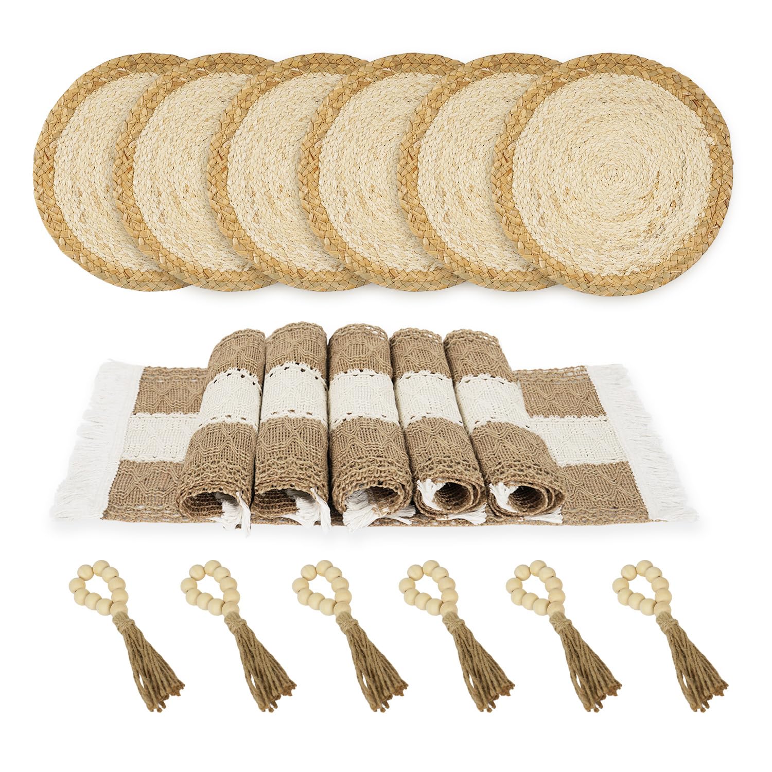 Phantomon Boho Placemats Set of 4 with Wooden Bead Napkin Rings - Natural Cotton, Burlap Rectangular Mats and Handmade Straw Woven Round Placemats for Farmhouse Dining Table or Kitchen Decor