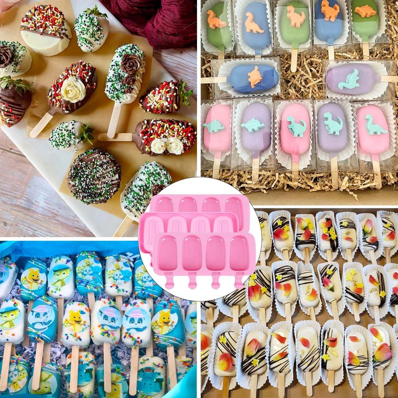 3pcs Large Silicone Popsicle Molds Set,BZIDII 4 Cavities Cake Pop Molds,Oval Ice Cream Bar Mold Ice Pop Cakesicle Molds Silicone with 100 Wooden Sticks & 100 Bags &100 Twist Ties(Pink)