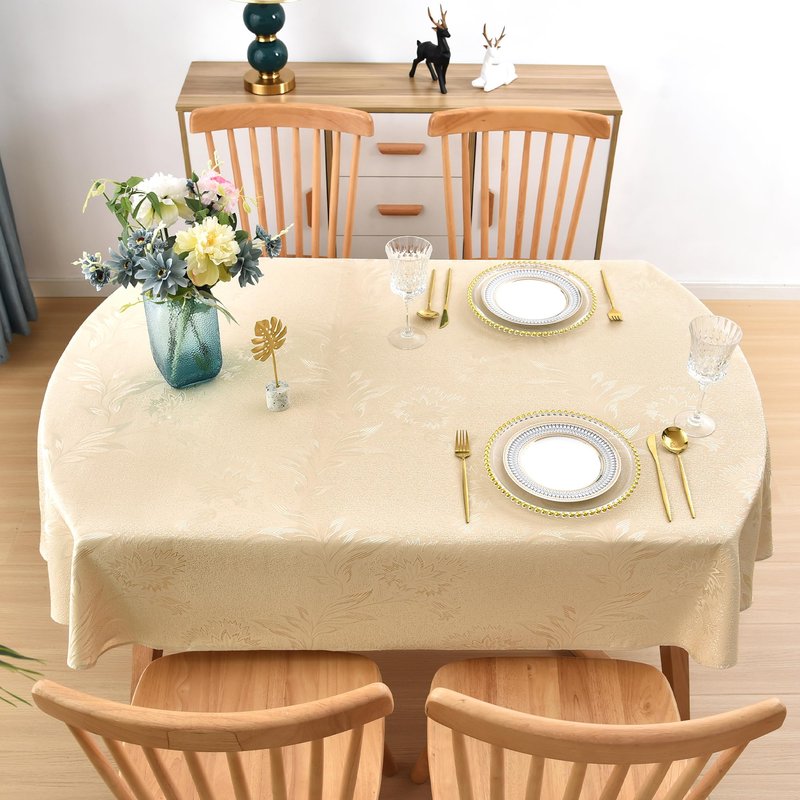 Wolkemer Shiny Oval Jacquard Tablecloth 60 x 84 Inch Beige Floral Countryside Leaves Damask Patterns Table Cloth Glossy Fabric Table Cover for Dinner Kitchen