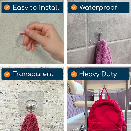GLUIT Heavy Duty Adhesive Wall Hooks - No Drill, Waterproof, 22 lbs Capacity | 12 Pack for Home & Office