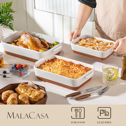MALACASA Casserole Dishes Set of 3 - Ceramic Baking Pans with Handles | Rectangular Khaki White (14.5''/13''/10.5'')