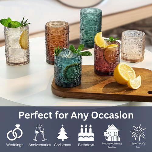 Khen Plastic Hobnail Drinking Glasses Set of 12 Neutral Tones Cups 6x 10oz Lowball & 6x 1oz Highball Acrylic Beaded Design, BPA-Free, Dishwasher Safe Indoor/Outdoor Drinkware Water, Juice, Cocktails