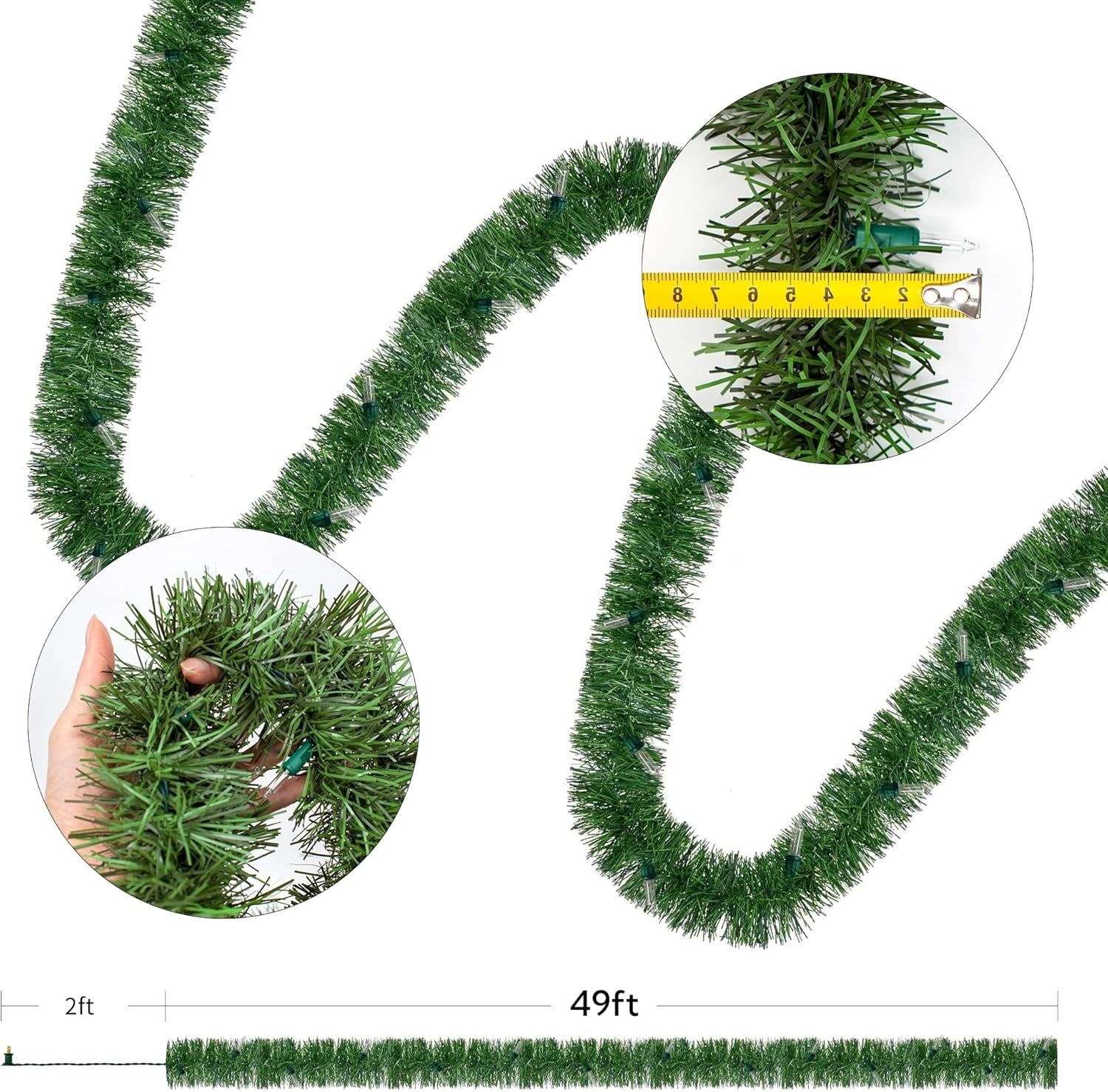 WATERGLIDE 49FT Lighted Christmas Green Garland - 100 Clear String Lights for Indoor/Outdoor Decor