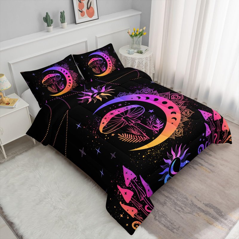 Axolotl Sun and Moon Bedding Set Queen Size,Mushroom Comforter,3Pcs Boho Exotic Bed Set,Bohemian Bedding,Cosmic Planets Astrology Comforter for Adults Women Teens,1 Quilt 2 Pillowcases,Black