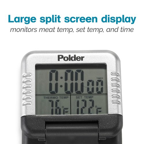 Polder Classic Digital Thermometer and Timer, Meat Thermometer for Cooking, Stainless Steel Probe, 24-Hour Countdown Timer with 40" Long, High-Heat Silicone Cord
