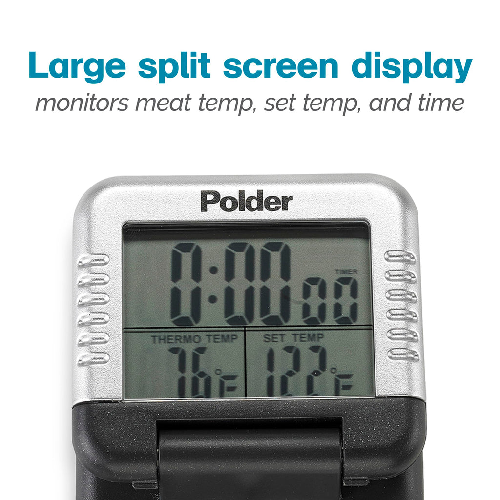 Polder Classic Digital Thermometer and Timer, Meat Thermometer for Cooking, Stainless Steel Probe, 24-Hour Countdown Timer with 40" Long, High-Heat Silicone Cord