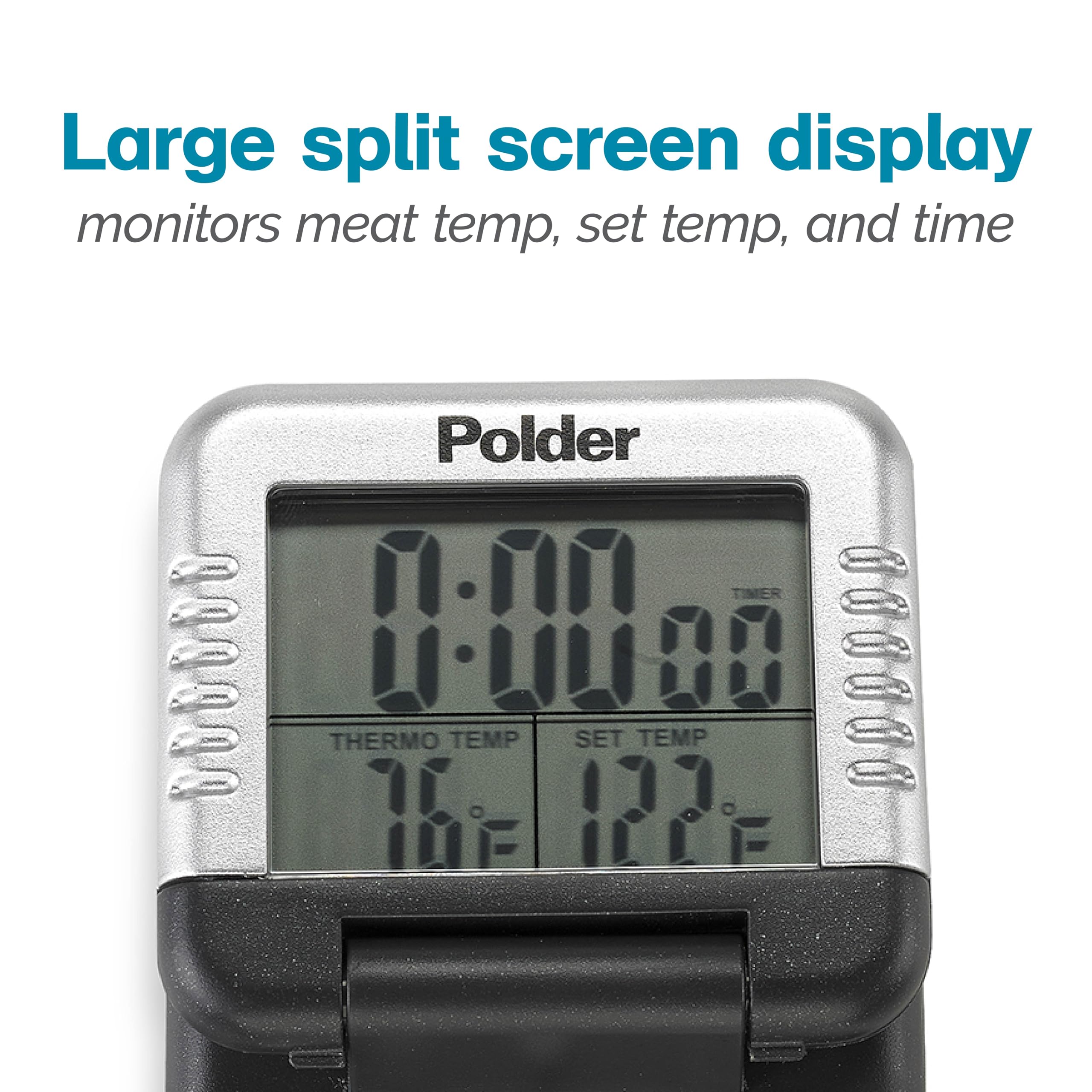 Polder Classic Digital Thermometer and Timer, Meat Thermometer for Cooking, Stainless Steel Probe, 24-Hour Countdown Timer with 40" Long, High-Heat Silicone Cord