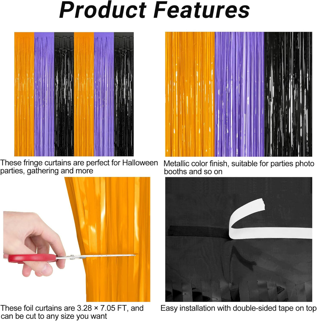 Regine Switzerland Halloween Backdrop - 2 Pack Foil Fringe Curtains | 3.28 FT x 7.05 FT, Orange & Purple Tinsel Decor