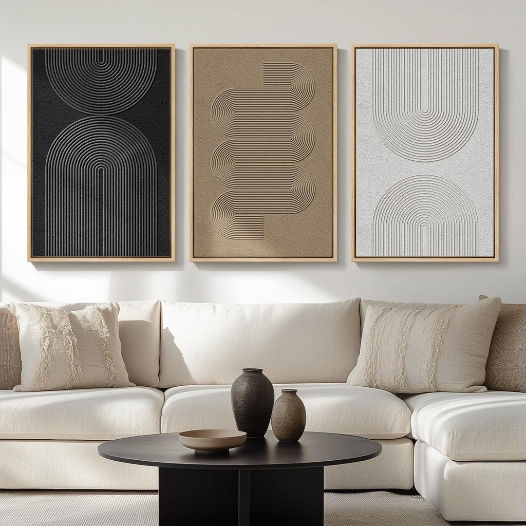 Skiennix Large Framed Boho Modern Abstract Wall Art - 3 Piece Black & White Canvas Set | 24x36 In for Living Room Decor