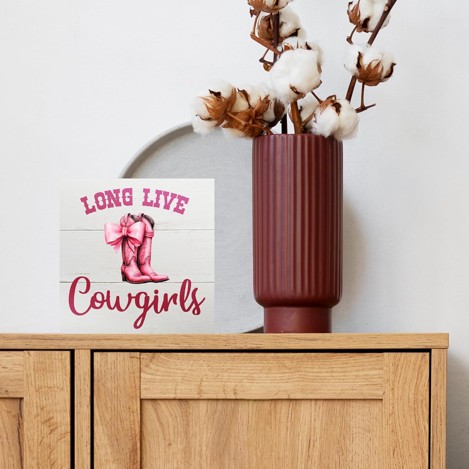 Regine Switzerland Pink Bow Western Cowgirl Decor Sign - Charming 5x5 Inch Wooden Box for Nurseries & Teen Rooms