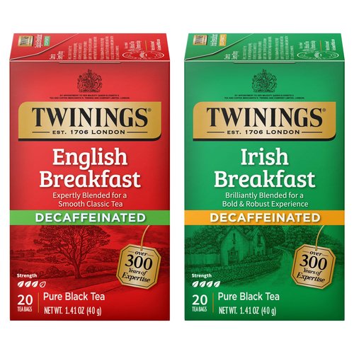 Twinings Decaffeinated English Breakfast Black Tea Bags, 20 Count (Pack of 6) + Decaffeinated Irish Breakfast Black Tea Bags, 20 Count (Pack of 6)