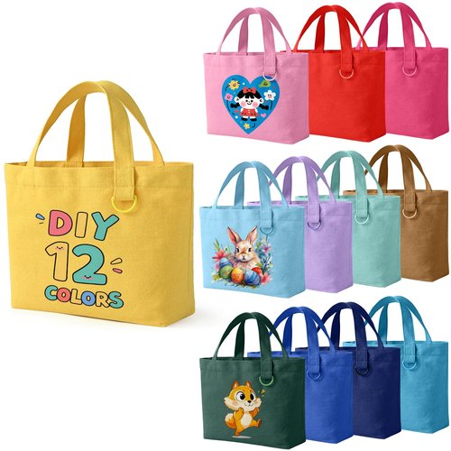 KIDJFGG 12 Pack Small Canvas Tote Bags, Mini Tote Bags Bulk for Women, DIY Blank Reusable Cute Sublimation Totes Bag with Handles & D Ring for Grocery, Mother's Day, Wedding Gifts (Multicolour)
