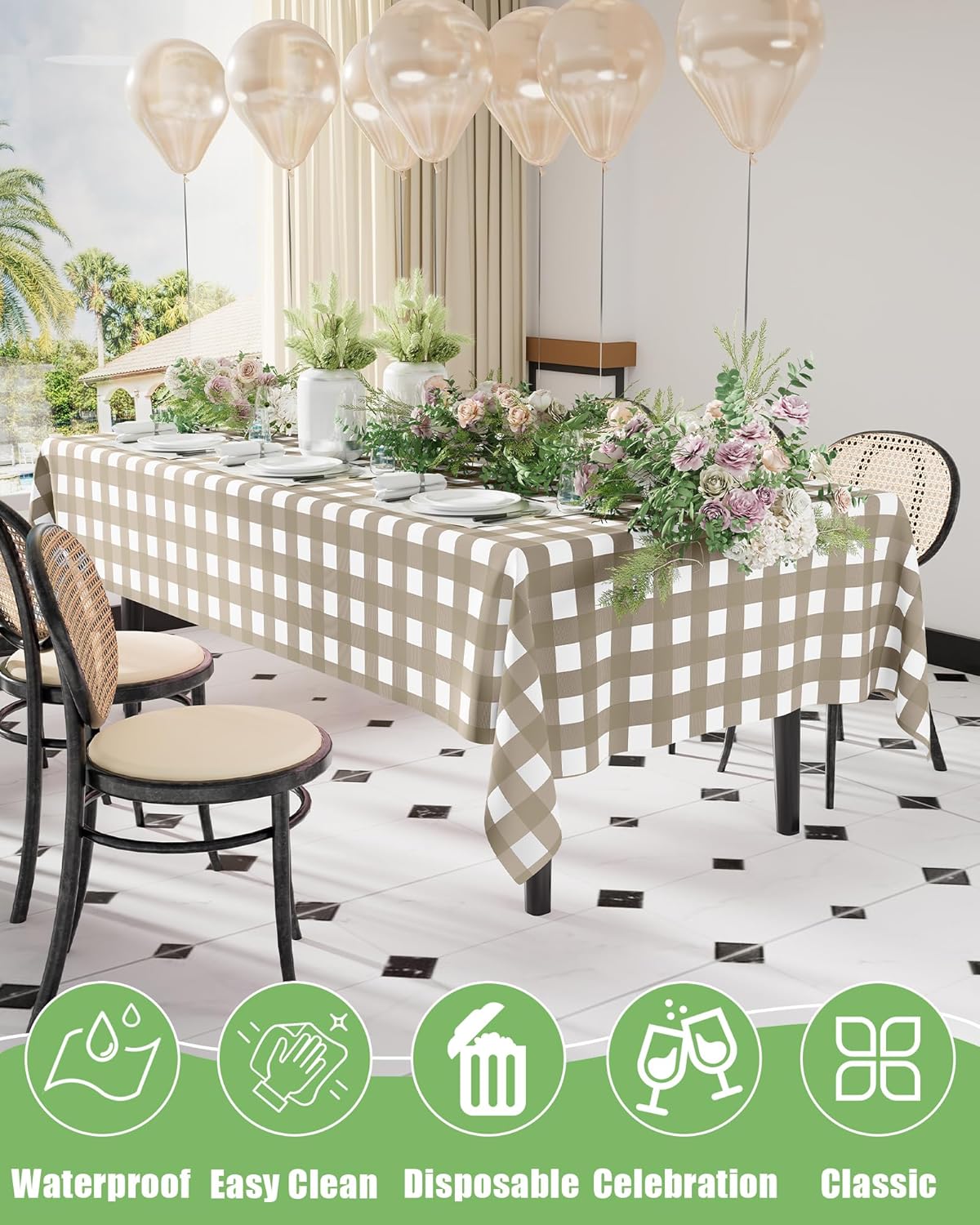 Smiry Gingham Disposable Tablecloths - Waterproof 54 x 108 Inch Khaki & White Checkered Covers for Parties & Outdoor Events