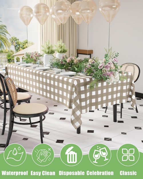 Smiry 20 Packs Gingham Disposable Table Cloth, 54 x 108 Inch Waterproof Plastic Tablecloth, Rectangle Khaki and White Checkered Table Covers for Outdoor, Picnic, Birthday, Party