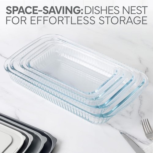 Cook With Color 8-Piece Deep Glass Baking Dish Set - Versatile Casserole & Food Storage Containers | Fluted Grey, Oven & Dishwasher Safe