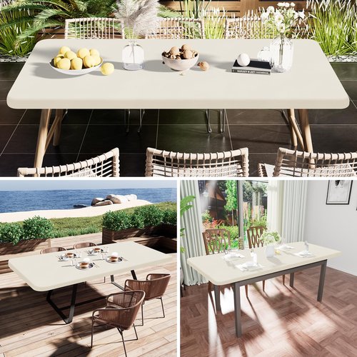 Smiry Rectangle Tablecloth, Elastic Fitted Flannel Backed Vinyl Tablecloths for 6ft Folding Tables, Waterproof Wipeable Table Covers for Indoor, Outdoor, Picnic and Camping (Beige, 36"x72")