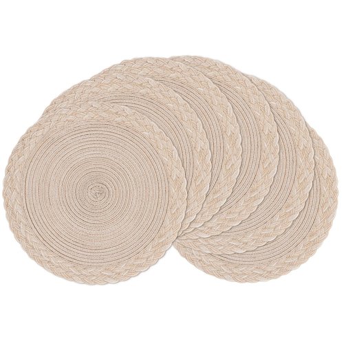SHACOS 15 inch Round Placemats Set of 6 Boho Woven Braided Border Table Mats Washable Heat Resistant Circle Place Mats for Dining Table, Beige