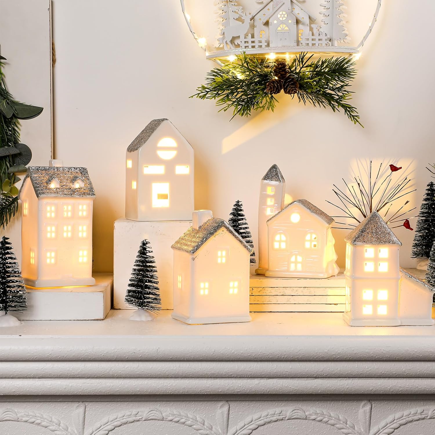 Zubebe Christmas Village Set - 30 Pcs LED Porcelain Holiday Houses | Silver Indoor Decor