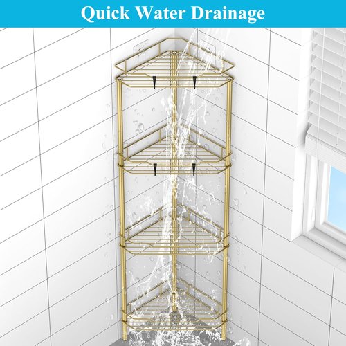 HuggieGems 4-Tier Corner Shower Caddy Organizer - Stylish Gold Bathroom Shelf with Hooks