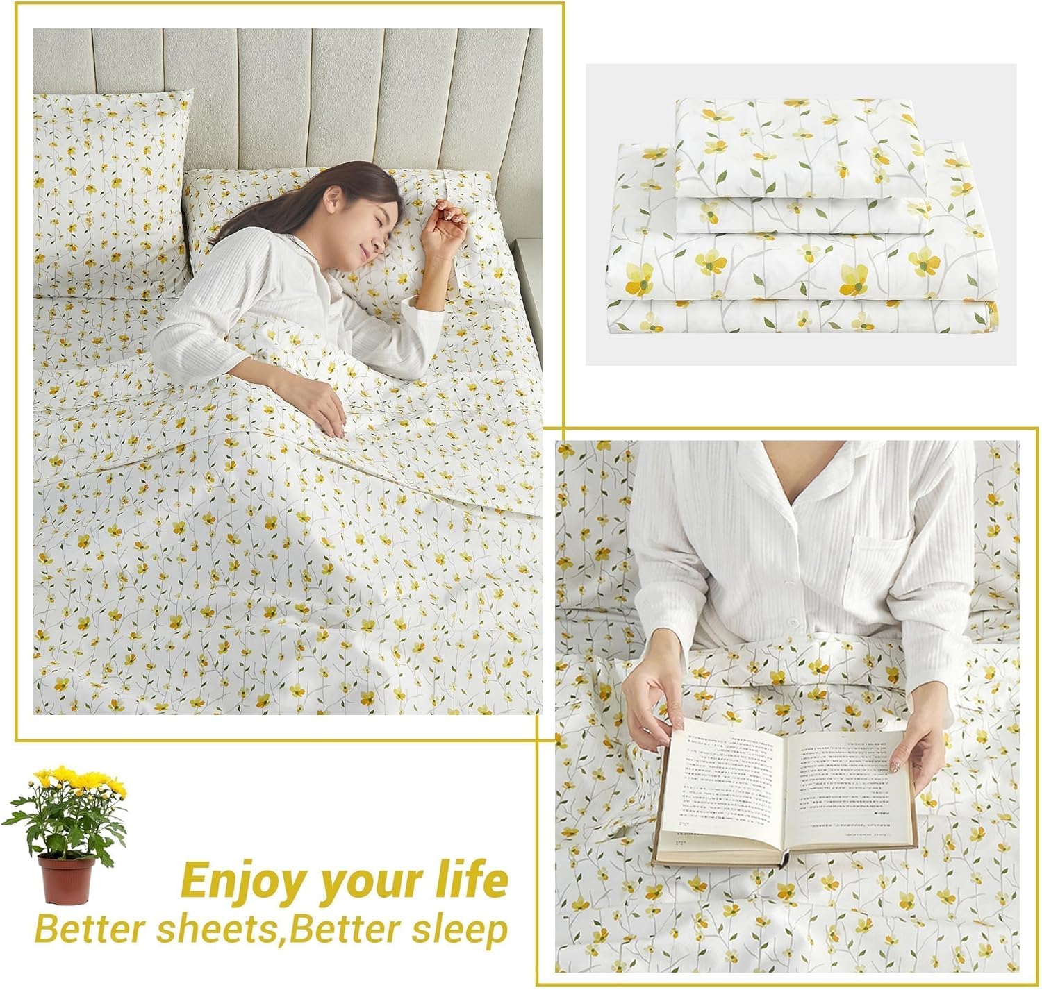 Softan Yellow Floral Queen Size Bed Sheets - 4 Piece Soft Microfiber Set with 15" Deep Pocket & Corner Straps
