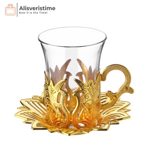 Alisveristime Turkish Tea Set for Six, Zamac Holders with Glass Cups, and Zamac Saucers - 6-Piece Elegant Serving Set (Ahsen) (Gold)
