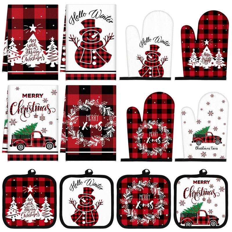 Pickmesh 12 Pcs Fall Kitchen Towels and Oven Mitt Sets 4 Maple Leaf Oven Mitts 4 Harvest Dish Towels and 4 Plaid Pot Holders Pumpkin Cooking Accessories for Thanksgiving Autumn Kitchen Decoration