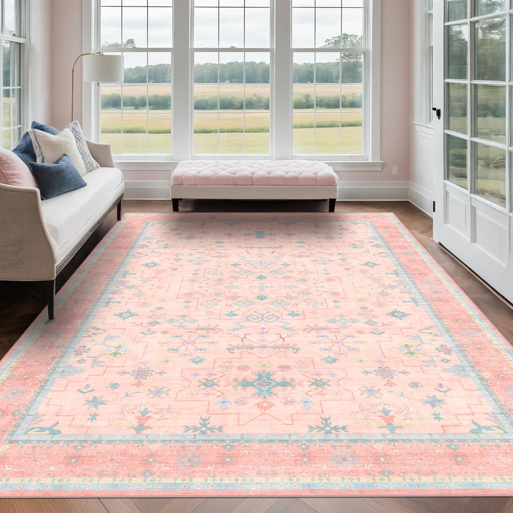 Oushak Rugs | Washable 8x10 Pink and Blue Floral Design | Soft Faux Wool, Non-Slip, Stain Resistant