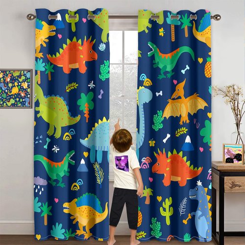 Kossmjx Cartoon Dinosaur Curtain Panels Curtains Blue Curtains for Boys Bedroom Grommet Top Window Treatment 2 Panels Drapes Kids Room Decor Navy Blue Curtain 84 Inch Length, 82" x 84"