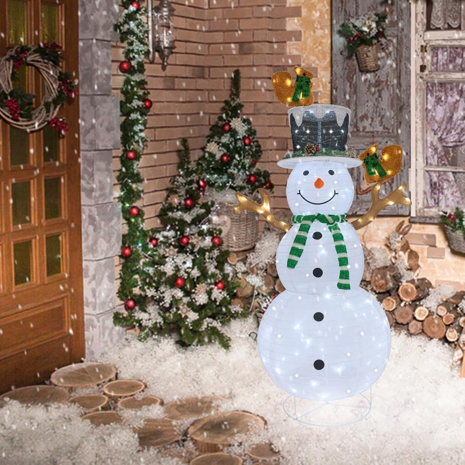 Skiennix Lighted Snowman | Prelit 120 LED Outdoor Christmas Decoration | Collapsible Design for Yard & Porch - Green