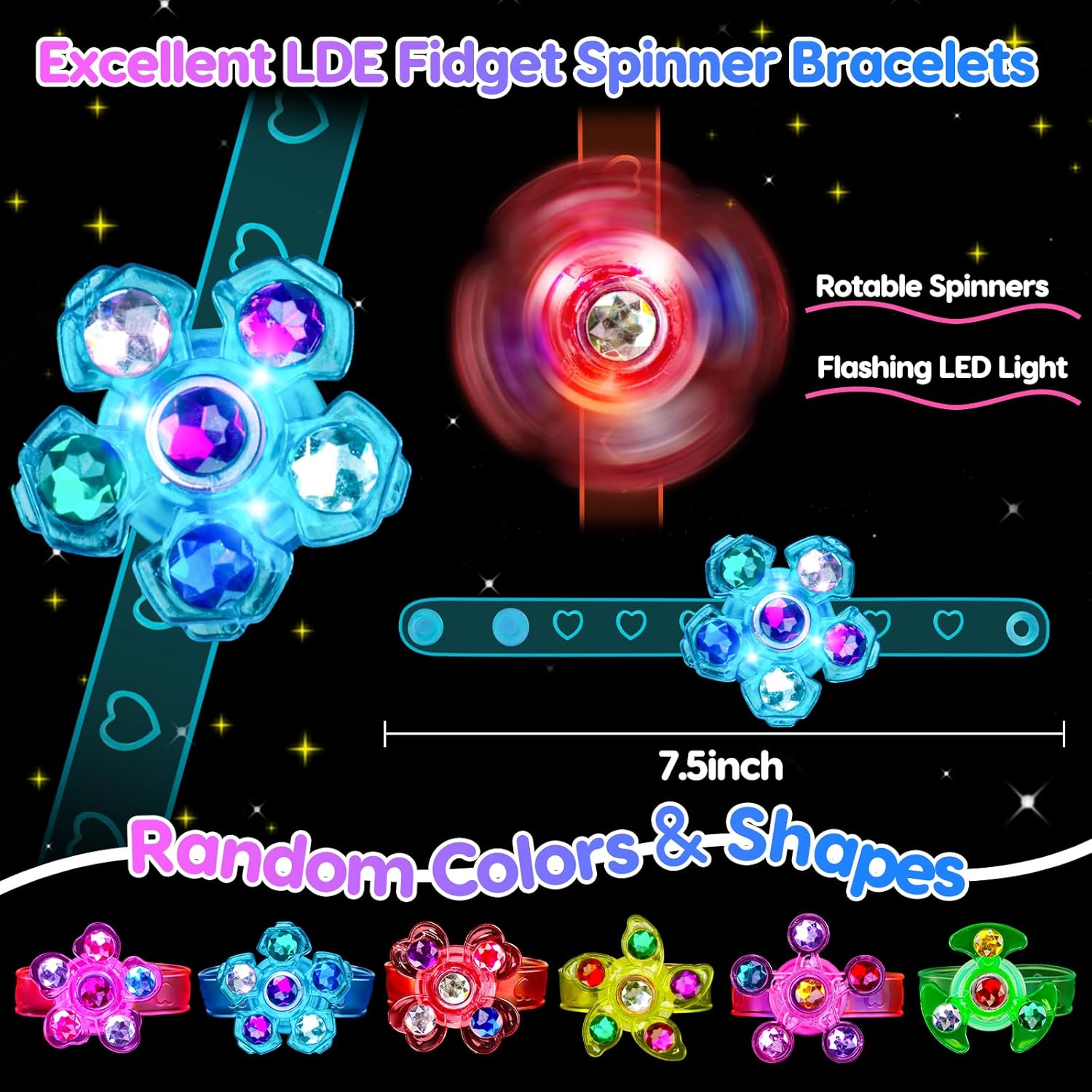 Skiennix Light Up Fidget Spinner Bracelets - 24PCS Glow Party Favors for Kids 4-12 | Perfect for Goodie Bags & Prizes
