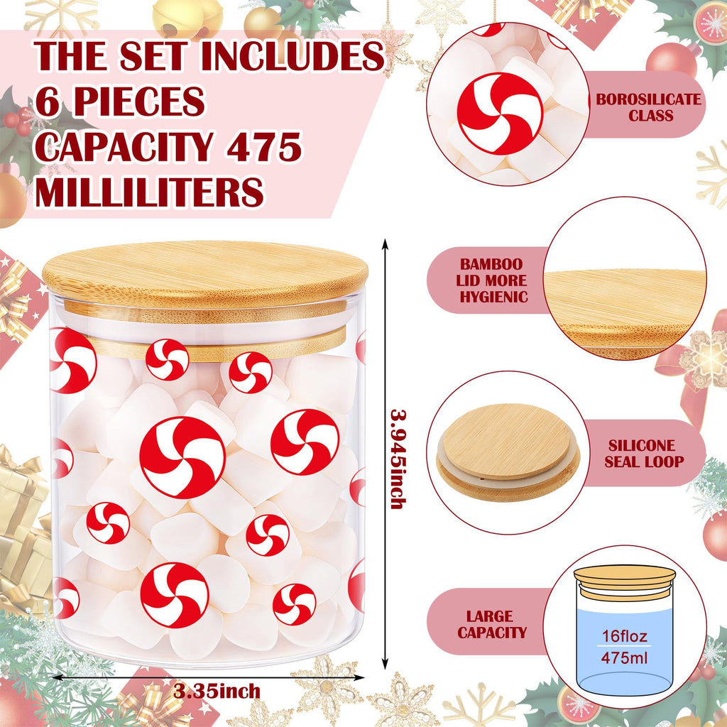 Sunnychicc 6 Pcs Christmas Glass Storage Jars with Airtight Lid Red White Candy Cane Gingerbread Man Santa Claus Glass Food Storage Jars for Xmas Kitchen Cookie Coffee(Candy Cane)