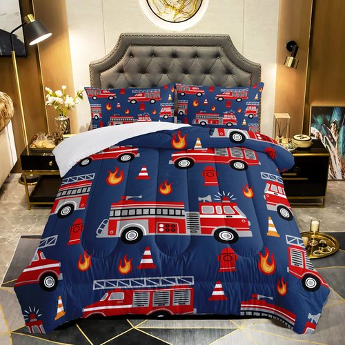 QOOMO Fire Truck Comforter Queen Size,Truck Kids Comforter Set,3Pcs Bedding Set Printed Comforter with 2 Pillowcases,Down Alternative,Soft and Lightweight,for All Seasons