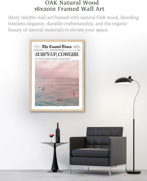 iHery Coastal Cowgirl Wall Art Prints - Trendy Beige Oak Framed Canvas Decor | 16x20in for Bedroom & Living Room