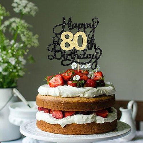 Happy 80th Birthday Cake Topper by [Brand Name] - Black Gold Glitter Design for Celebration
