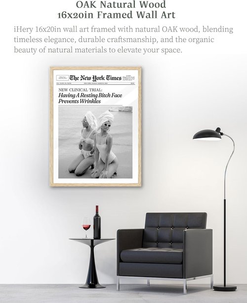 iHery Wall Art | Trendy Framed Canvas Decor - Prevents Wrinkles, Natural Oak, Large 16x20in