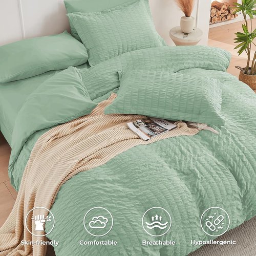HYMOKEGE Queen Comforter Set - Sage Green Seersucker 7-Piece Luxury Bedding Set | All-Season Comfort