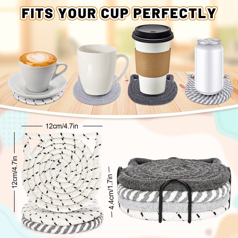 Whaline Cat Ears Coaster Set Cat Ear Shape Handmade Braided Cotton Coasters White Grey Non-Slip Absorbent Drink Coaster with Holder for Winter Christmas Birthday Housewarming Gifts Home Decor, 4Pcs