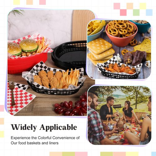 Patelai 24 Pack Black Red Fast Food Baskets and 100 Sheet Checkered Deli Liners 10.6 x 6.7 Inch Versatile Plastic Food Service Tray for Burger Fries Sandwiches Hot Dogs Barbecues Picnics Parties