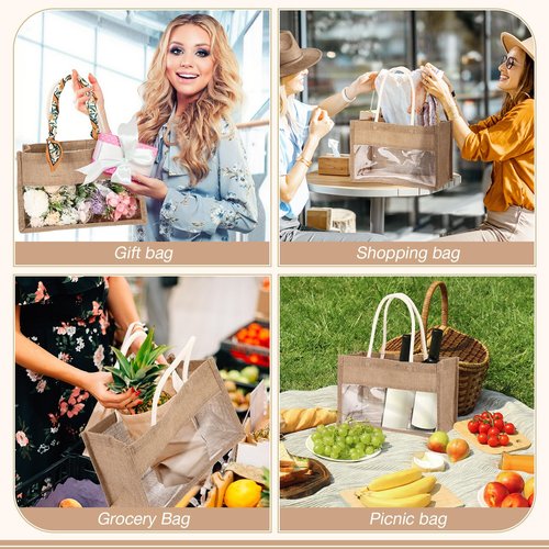 Reginary 16 Pcs Beige Trim Jute Tote Gift Bags with Clear PVC Window Natural Burlap Grocery Shopping Bag Beach Tote with Handle for Bridesmaid Wedding Travel