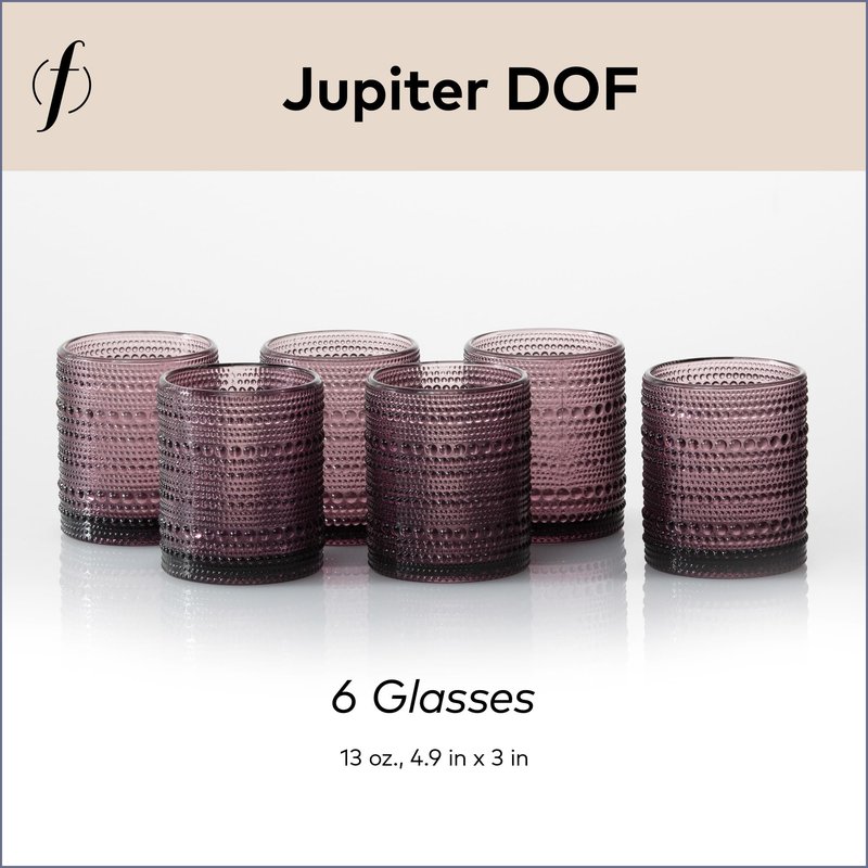 FORTESSA Jupiter Beaded Hobnail Glass Vintage Themed Drinkware Set, 10 Ounce Double Old Fashioned Glass (Set of 6), Dishwasher-Safe, Purple