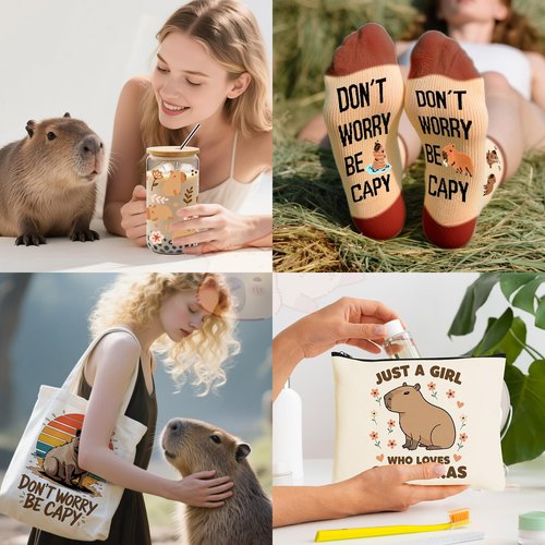 WOFIROY 10 Pieces Capybara Gifts for Women, Cute Capybara Stuff with 16 Oz Glass Cup Tote Bag Makeup Bag Socks Hairband Keychain Sticky Notes Earrings for Capybara Lover Birthday Christmas Gift