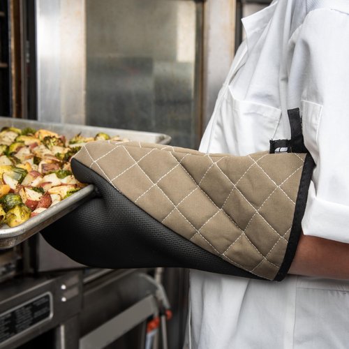 Carlisle FoodService Products 810CM15 San Jamar Textured Neoprene Bestgrip Conventional Temperature Protection Oven Mitt with Magnet and WebGuard, 15" Length, Tan/Brown