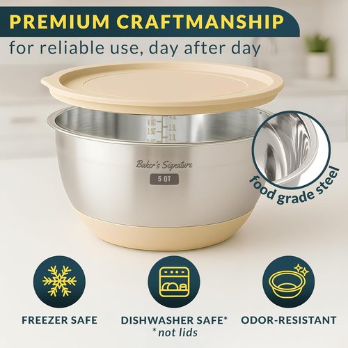 Baker's Signature Stainless Steel Mixing Bowls Set - Airtight Lids, Non-Slip Base | 5 Sizes (0.63QT-5QT), Khaki