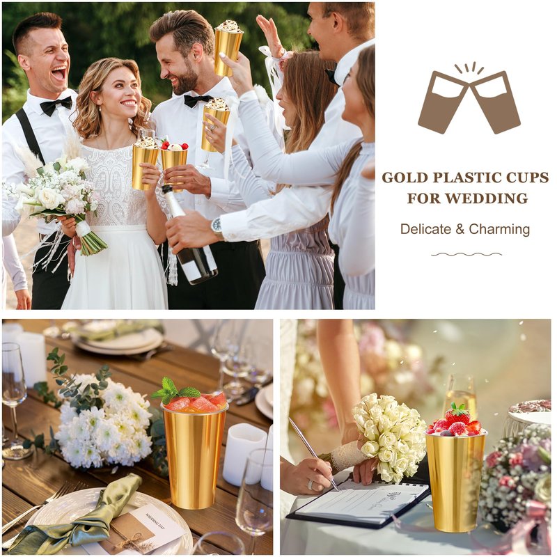 KesaPlan 50PCS Gold Plastic Cups, 16oz Disposable Plastic Tumblers for Party, Fancy Mirorred Golden Cups Bulk for Hot Cold Drinks, Disposable Drinking Glasses for Wedding Birthday Holiday Events
