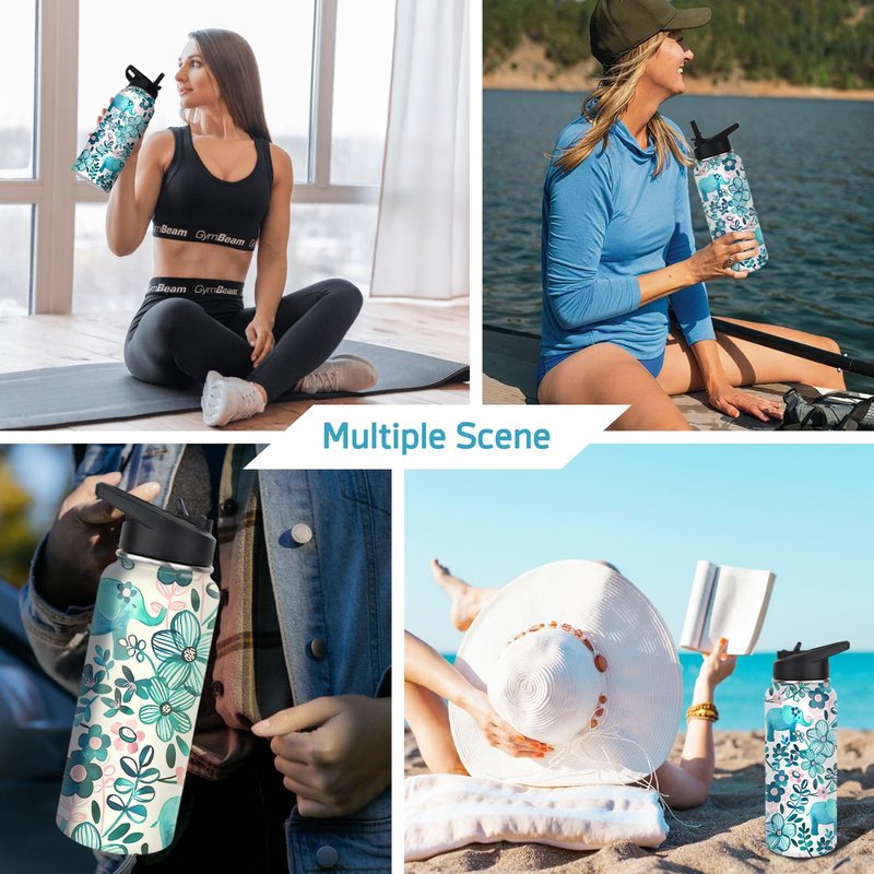 Elephant Water Bottles with Straw, 32 Oz Insulated Stainless Steel Tumbler Cup Mug Elephant Gifts for Women Girls Elephant Lovers