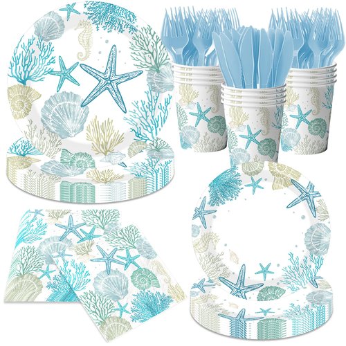 Ocean Seashell Beach Plates and Napkin Coastal Beach Party Supplies Blue Starfish Seashell Coral Themed Disposable Tableware Cups Forks for Kids Summer Birthday Party Decorations, Serves 24