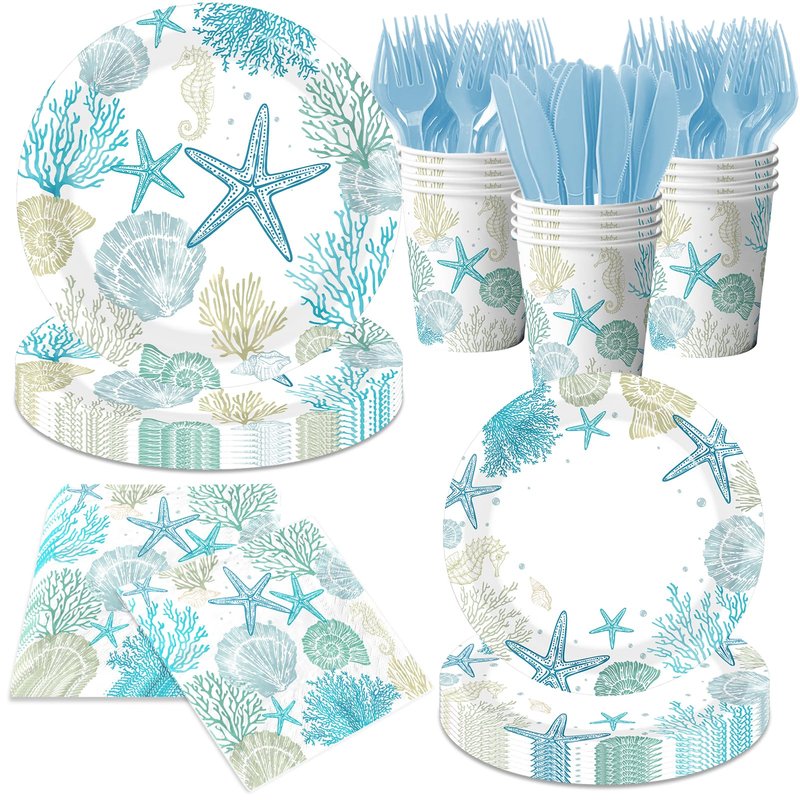 Ocean Seashell Beach Plates and Napkin Coastal Beach Party Supplies Blue Starfish Seashell Coral Themed Disposable Tableware Cups Forks for Kids Summer Birthday Party Decorations, Serves 24
