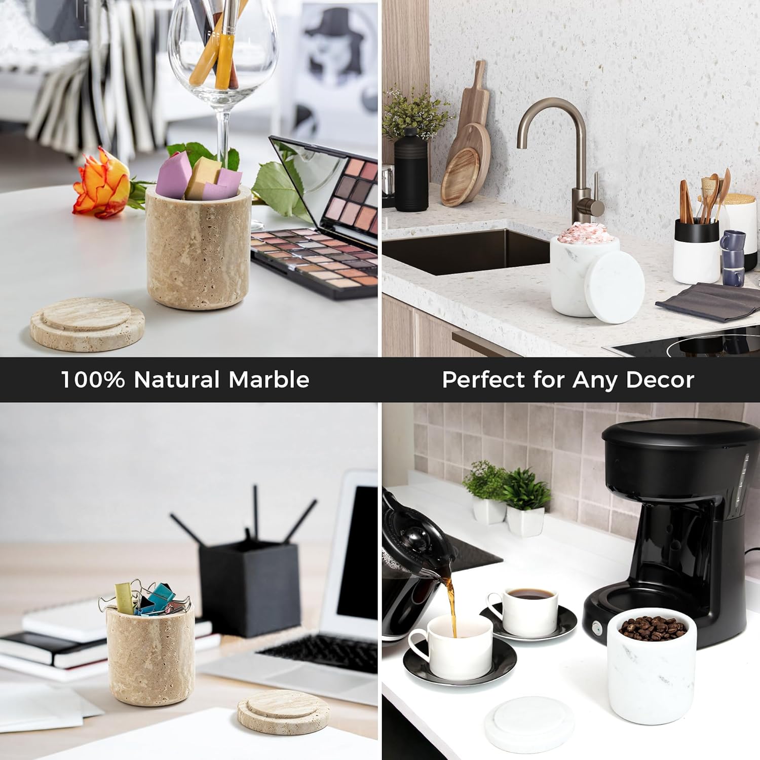 WORHE Travertine Qtip Holder - Large Capacity Marble Dispenser with Lid for Bathroom Essentials | Beige