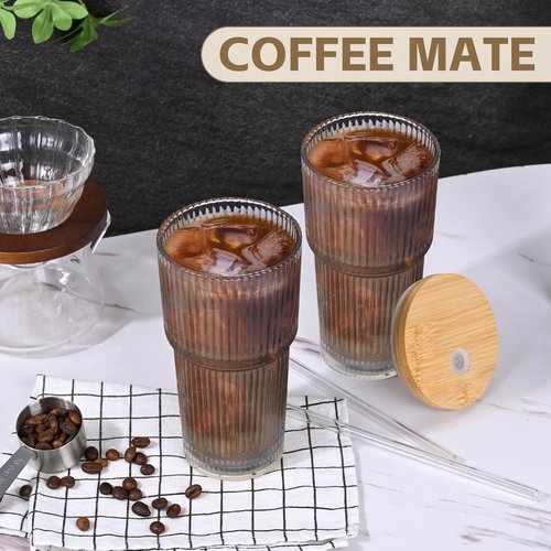 AFINSEA 20oz Ribbed Glass Coffee Cups with Lids and Straw,1PCS Glass Cups with Lid Vintage Iced Coffee Cups Glassware for Whiskey Cocktail Beer