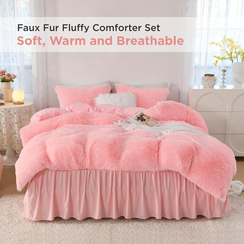Litanika Pink Fluffy Comforter Queen Size, Luxury Shaggy Faux Fur Bedding Cute for Women Girls, Ultra Soft Velvet Fuzzy Queen Bed Set 3 Pieces(1 Plush Comforter 90×90 Inch, 2 Pillowcases)